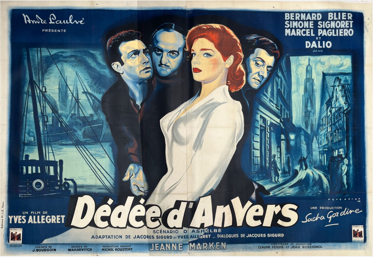 Dédée d’Anvers (format 160x240 cm) est signée "René Peron", en bas à droite, René Péron est l’un des plus grands affichistes français des années 30 à 50, connu pour son style expressif et dramatique, très adapté au film noir et aux grandes compositions de personnages. Impression Éditions D.L.E. – Paris (en bas à gauche) Format 160 x 240 cm, probablement lithographié Affiche originale d’époque, très recherchée sur le marché Style caractéristique : visages stylisés, palette froide bleue, personnage féminin central flamboyant