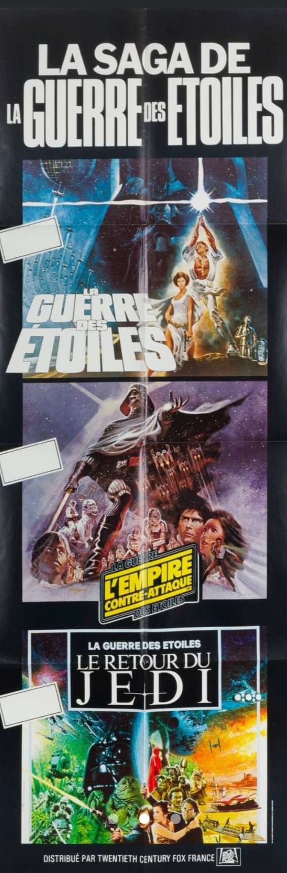 Affiche française « La Saga de La Guerre des Étoiles » réunissant les films Star Wars, L’Empire contre-attaque et Le Retour du Jedi, avec illustrations iconiques de Drew Struzan.