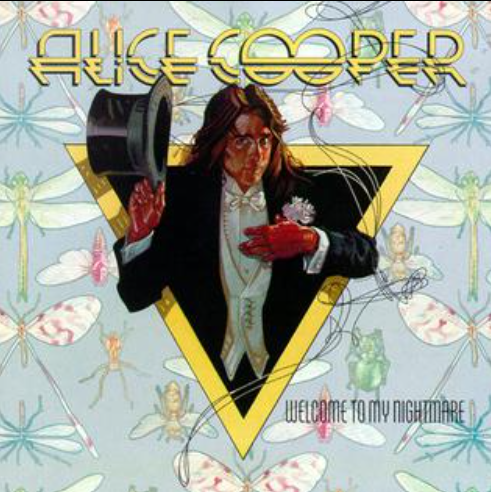 Illustration de Drew Struzan pour l’album « Welcome to My Nightmare » d’Alice Cooper, représentant le chanteur en costume avec chapeau haut-de-forme, style théâtral et fantastique.
